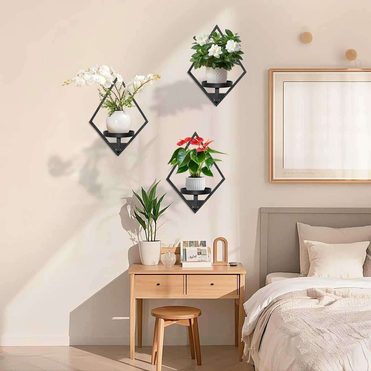 Metal Wall Planters with Geometric Frame - 3-Pack Hanging Shelves
