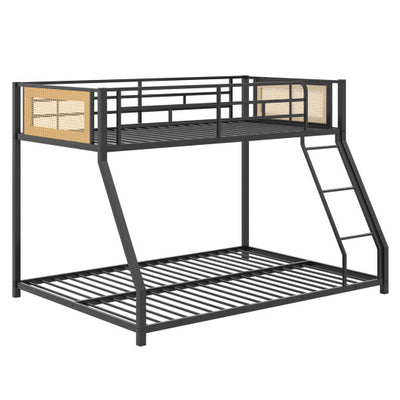 Metal Bunk Bed Twin Over Full with Full Length Safety Guardrail and Ramp Ladder-Black