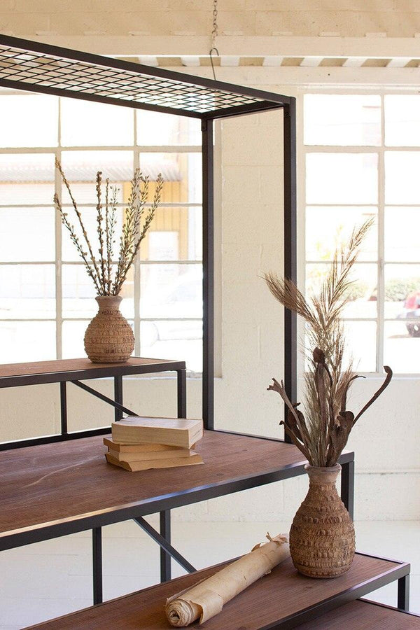 Metal and Wood Store Display Table with Wire Grid Top