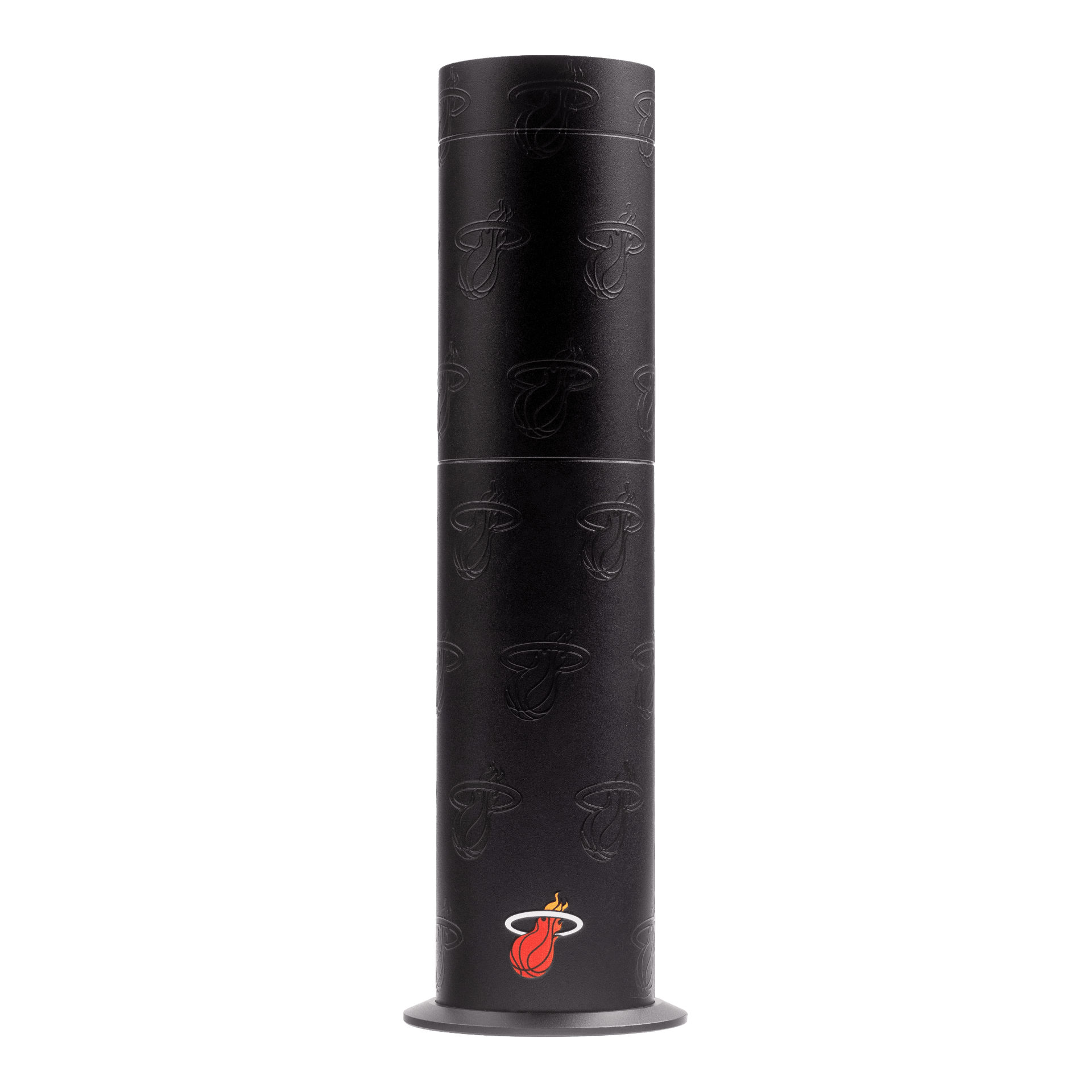 Black cylindrical product with a logo on a white background