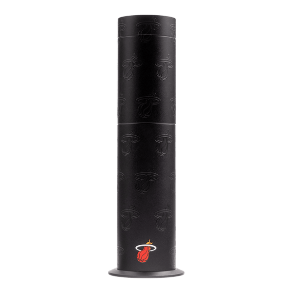 Black cylindrical product with a logo on a white background