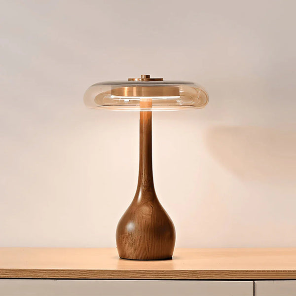 Mid Century Wood Glass Table Lamp LED Dimmable Walnut Disc Light