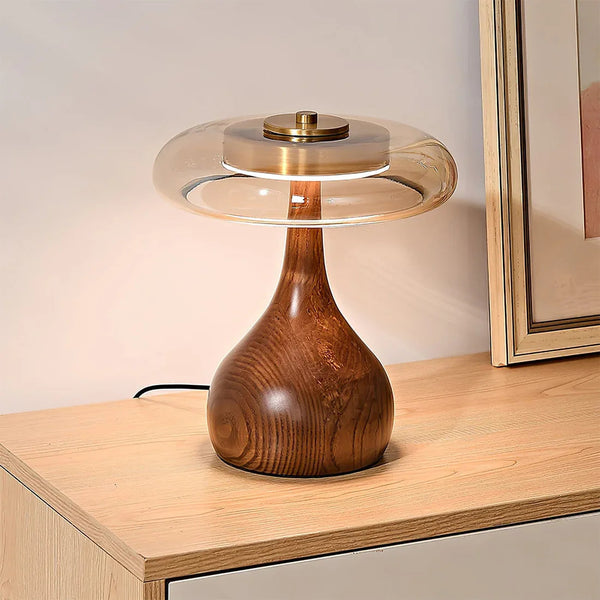 Mid Century Wood Glass Table Lamp LED Dimmable Walnut Disc Light