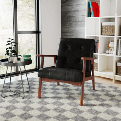 Mid Century Accent Chair with Solid Rubber Wood Frame and Leather Cover-Black
