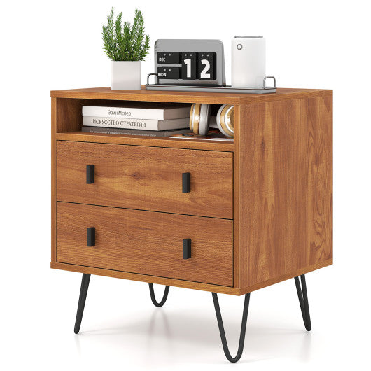 Mid Century Modern 2-Drawer Nightstand with Storage Compartment-Walnut