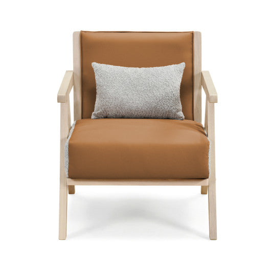 Mid-Century Modern Accent Chair Artificial Leather Sofa Chair with Rubber Wood Frame-Brown