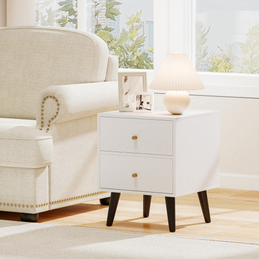 Mid Century Modern Bedside Table Nightstand with Golden Knobs and Raised Support Legs-White