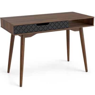 Mid-Century Modern Computer Desk with Drawer and Open Compartment-Brown