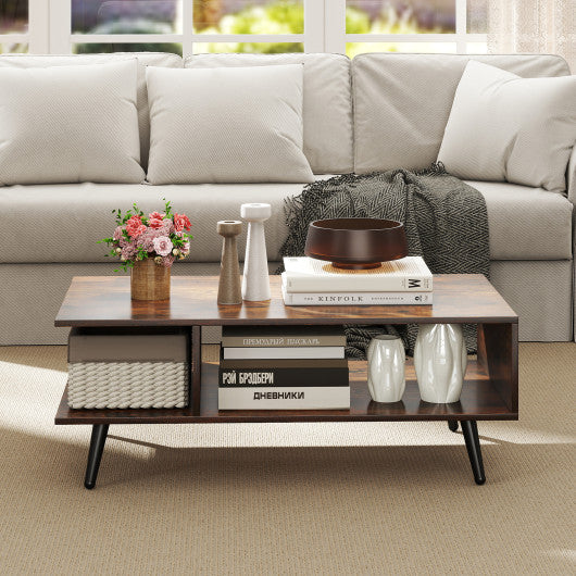 Mid Century Modern Rectangle Coffee Table 2-Tier Accent Table with 2 Open Compartments-Rustic Brown