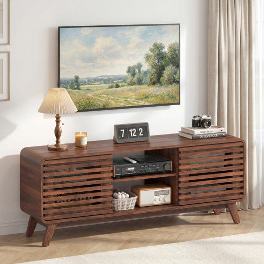 Mid Century Modern Entertainment Center with Grille-style Sliding Doors for Living Room-Walnut