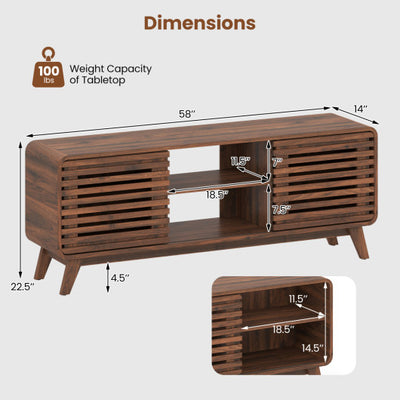 Mid Century Modern Entertainment Center with Grille-style Sliding Doors for Living Room-Walnut