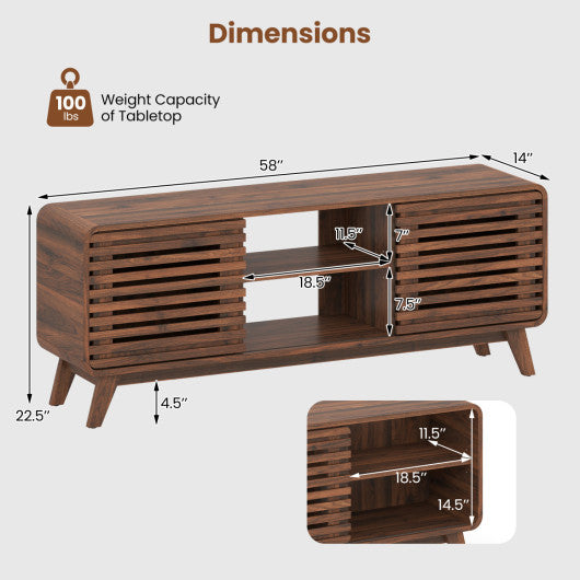 Mid Century Modern Entertainment Center with Grille-style Sliding Doors for Living Room-Walnut