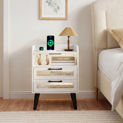 Mid Century Modern Nightstand with Charging Station and LED Lights-White