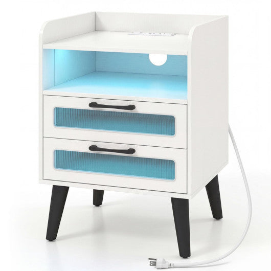 Mid Century Modern Nightstand with Charging Station and LED Lights-White