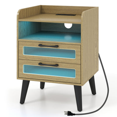 Mid Century Modern Nightstand with Charging Station and LED Lights-Natural