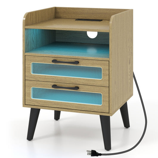 Mid Century Modern Nightstand with Charging Station and LED Lights-Natural