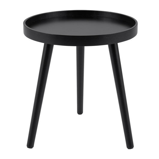 Mid Century Modern Round Side Sofa Coffee Table with Wooden Tray-Black