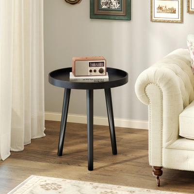 Mid Century Modern Round Side Sofa Coffee Table with Wooden Tray-Black
