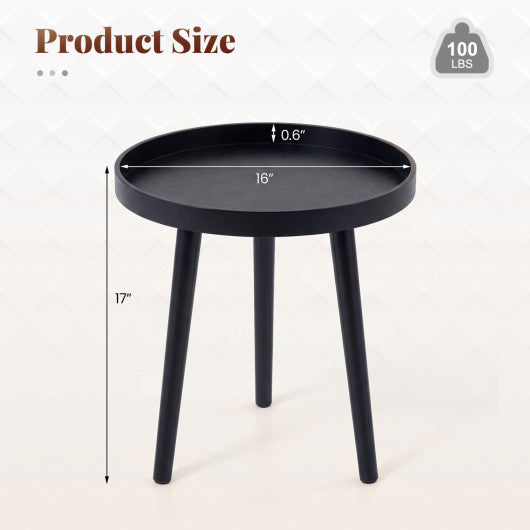 Mid Century Modern Round Side Sofa Coffee Table with Wooden Tray-Black