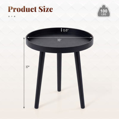 Mid Century Modern Round Side Sofa Coffee Table with Wooden Tray-Black