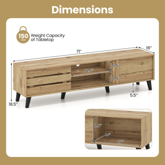 Mid Century Modern TV Stand for 80 Inch TVs with Sliding Door Cabinets and Storage Shelves-Oak