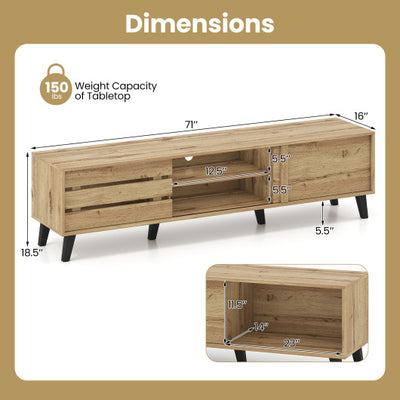 Mid Century Modern TV Stand for 80 Inch TVs with Sliding Door Cabinets and Storage Shelves-Oak