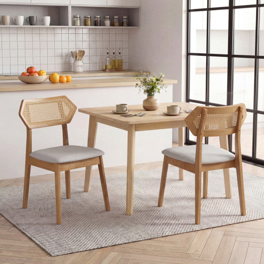 Mid Century Rattan Dining Chairs Set of 2 with Rattan Back and Solid Wood Frame-Natural