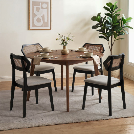 Mid Century Rattan Dining Chairs Set of 4 with Rattan Back-Black
