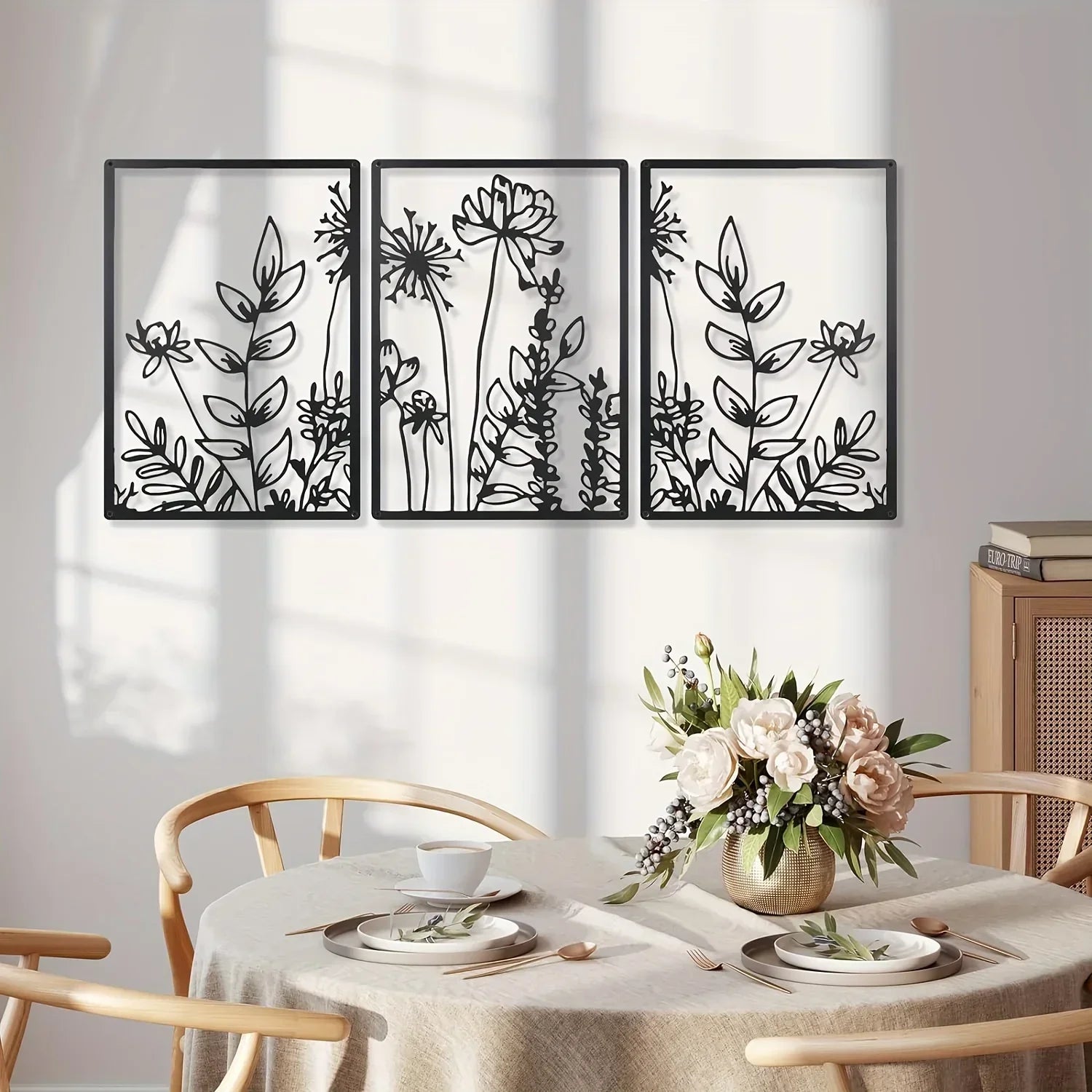Minimalist Floral Metal Wall Art – 3 Panel Botanical Wall Decor