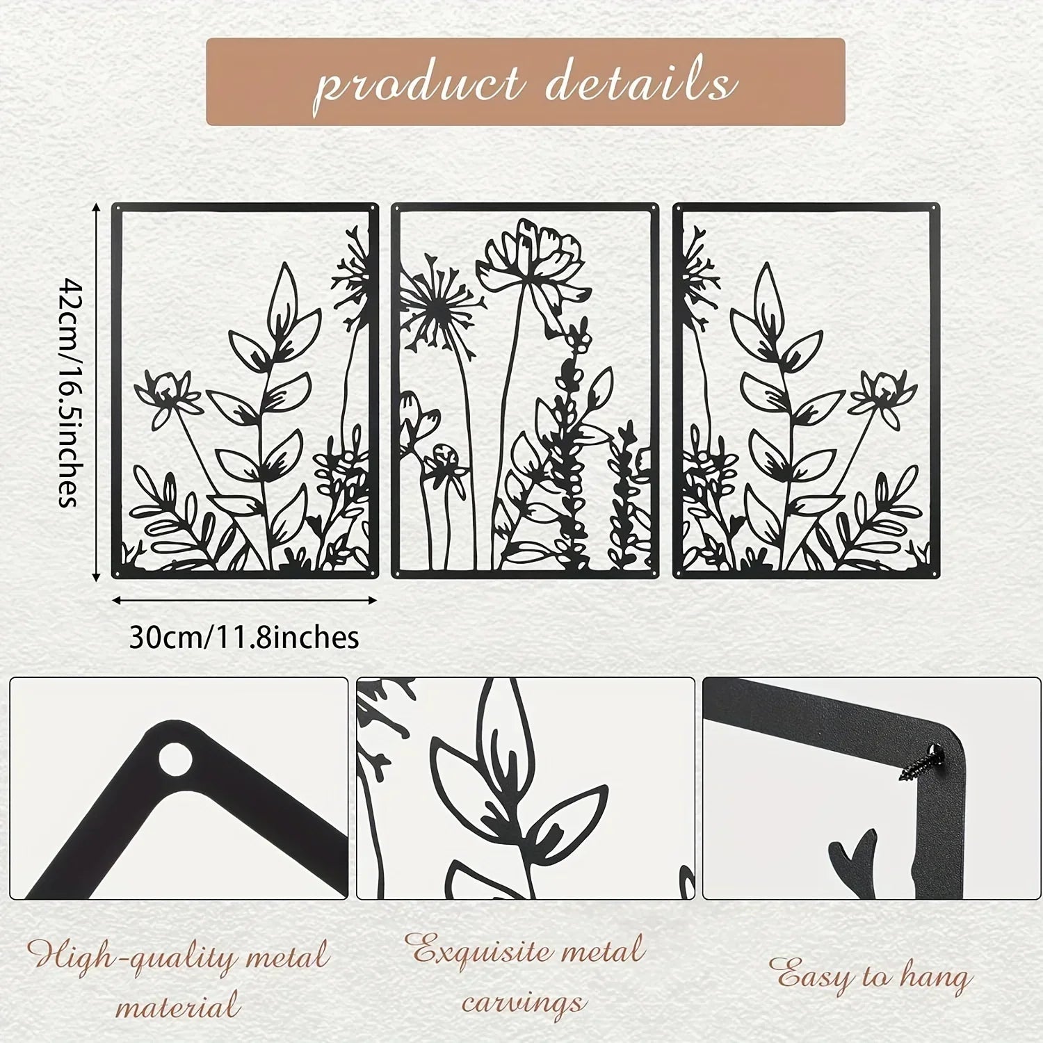 Minimalist Floral Metal Wall Art – 3 Panel Botanical Wall Decor