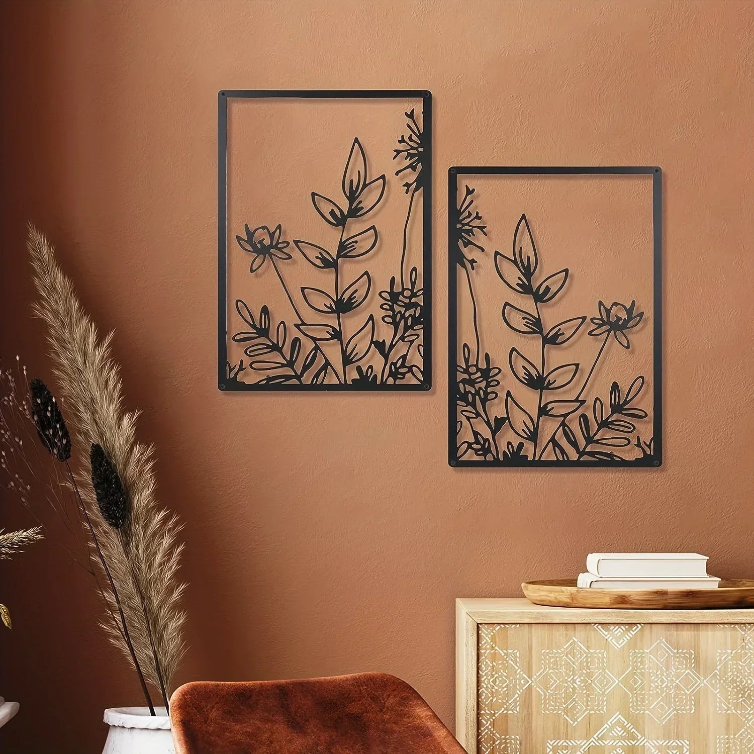 Minimalist Floral Metal Wall Art – 3 Panel Botanical Wall Decor