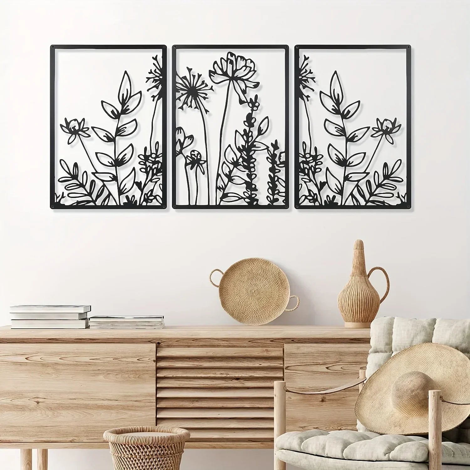 Minimalist Floral Metal Wall Art – 3 Panel Botanical Wall Decor