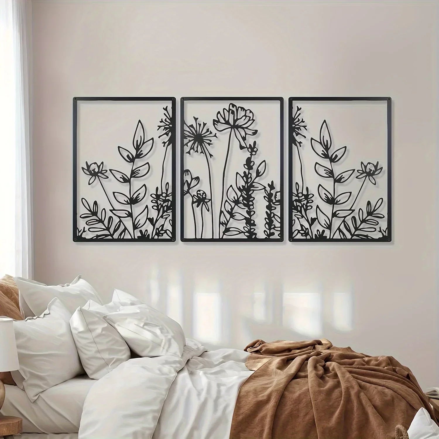 Minimalist Floral Metal Wall Art – 3 Panel Botanical Wall Decor