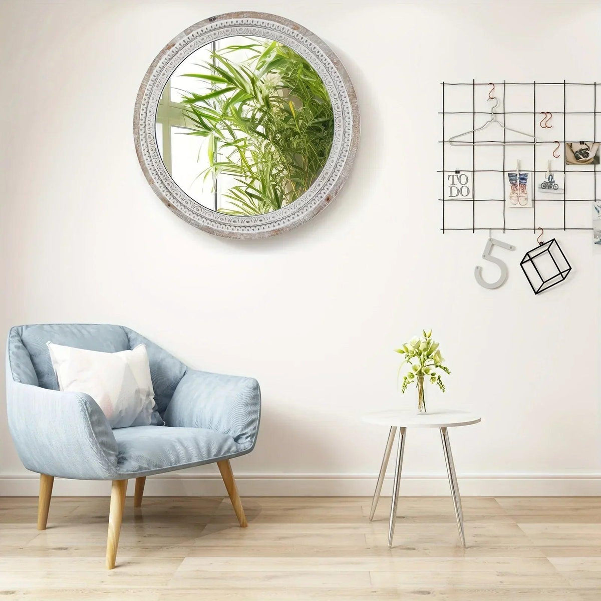 Mirror - Distressed Wood White Round