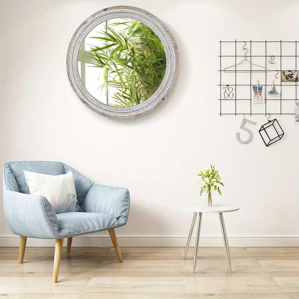 Mirror - Distressed Wood White Round