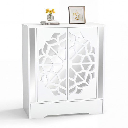 Mirrored Shoe Cabinet 4-Tier Shoe Organizer with Large Drawer-White