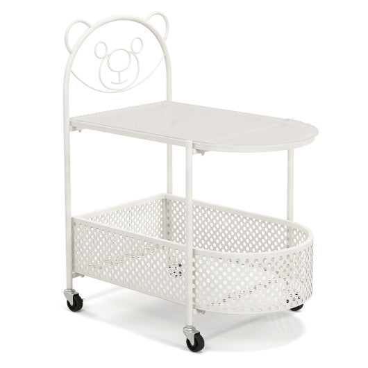 2-Tier Mobile Glass Coffee Table with Bear Pattern-White