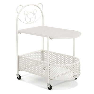 2-Tier Mobile Glass Coffee Table with Bear Pattern-White