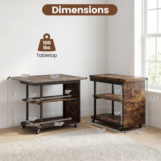 Mobile Night Stand with Foldable Swivel Top and 2-Tier Shelf for Small Spaces-Rustic Brown