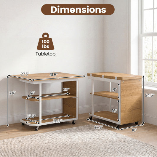 Mobile Night Stand with Foldable Swivel Top and 2-Tier Shelf for Small Spaces-Natural