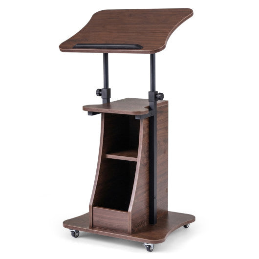 Mobile Podium Stand Height Adjustable Laptop Cart with Tilting Tabletop and Storage Compartments-Brown