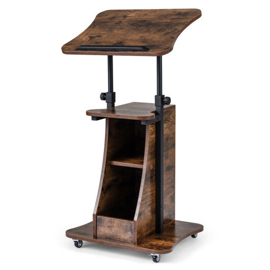 Mobile Podium Stand Height Adjustable Laptop Cart with Tilting Tabletop and Storage Compartments-Rustic Brown
