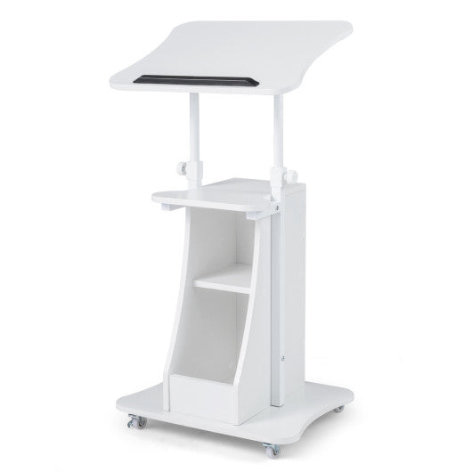 Mobile Podium Stand Height Adjustable Laptop Cart with Tilting Tabletop and Storage Compartments-White