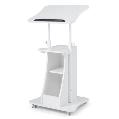 Mobile Podium Stand Height Adjustable Laptop Cart with Tilting Tabletop and Storage Compartments-White