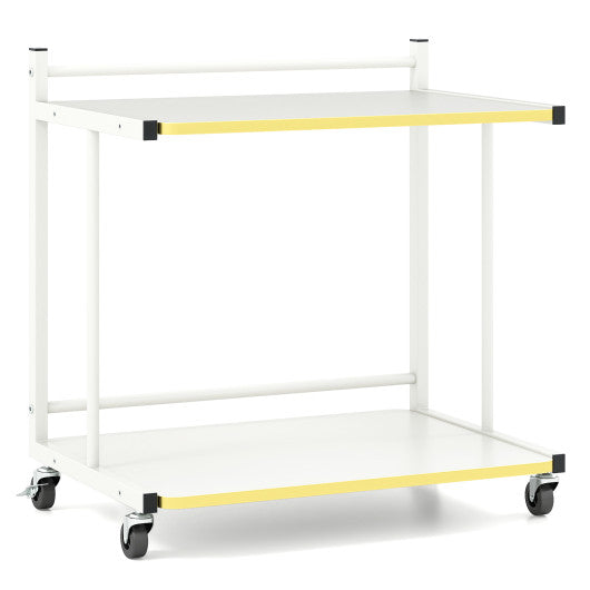 Mobile Side Table 2-Tier Rolling End Table with Open Shelves & Golden Trimmed Edges-White