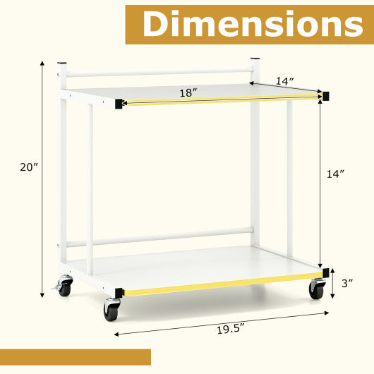 Mobile Side Table 2-Tier Rolling End Table with Open Shelves & Golden Trimmed Edges-White