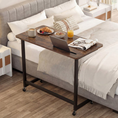 Mobile Side Table Rolling Laptop Desk Cart with Tablet Slot-Rustic Brown