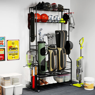 Mobile Sports Equipment Organizer with Golf Bags Storage and Club Rack-Black