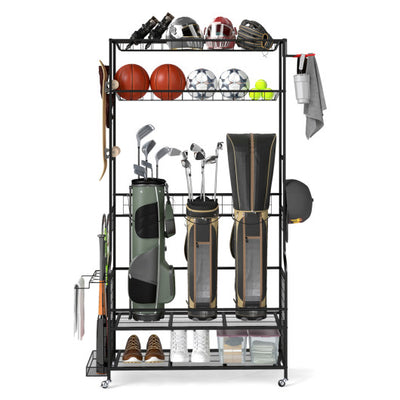 Mobile Sports Equipment Organizer with Golf Bags Storage and Club Rack-Black