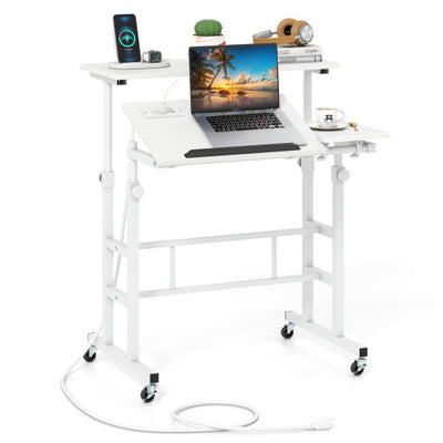 Mobile Stand-up Computer Desk Adjustable with 2 Tilting Desktops-White